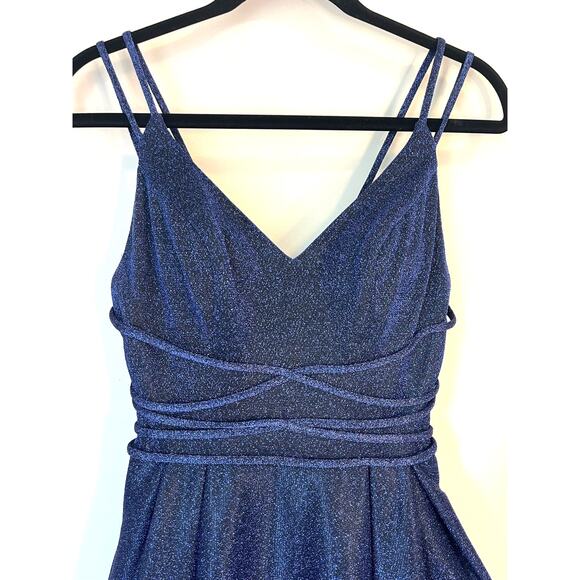 Let's Prom Cinderella Shimmery Blue Dress Mesh Details Corset Double Straps XS - Picture 3 of 10